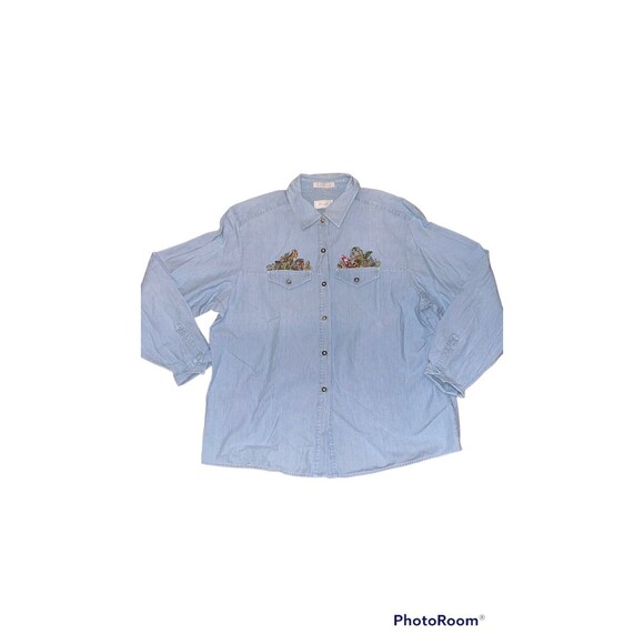 Vintage foxcroft denim/ chambray button with safari embroidery zoo denim animals - Picture 1 of 7